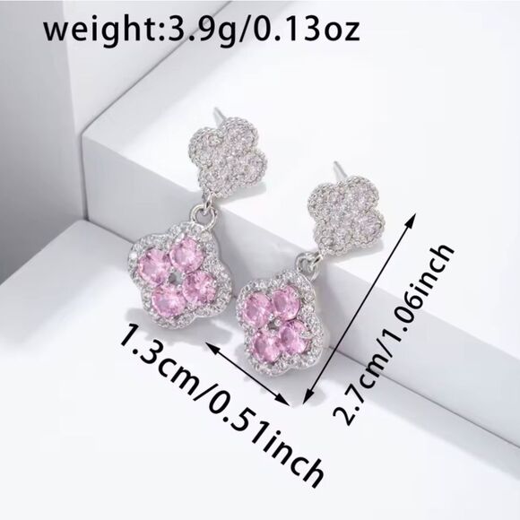 Pink Four-Leaf Clover Micro Pave Diamond Earrings - Picture 3 of 4